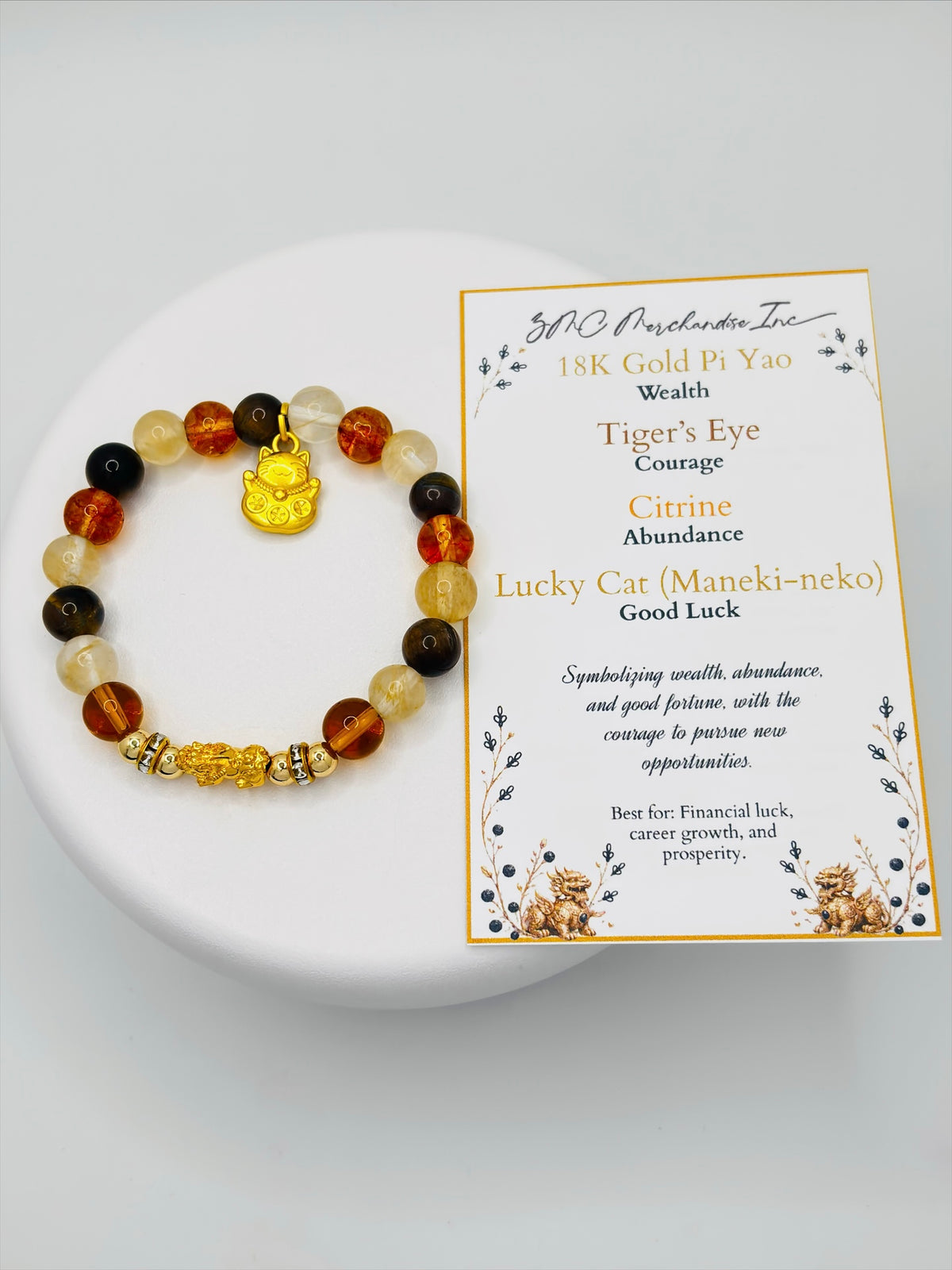 18K Gold Lucky Piyao/ Pi Xiu Citrine, Tiger Eye Bracelet ( Hollow Empty Inside) SMALL PIYAO