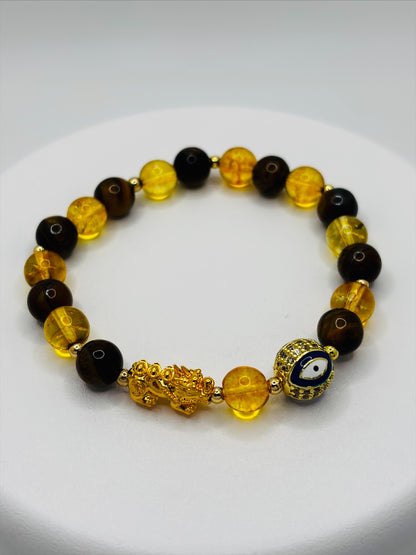 18K Gold Lucky Piyao/ Pi Xiu Tiger Eye Citrine Evil Eye Bracelet ( Hollow Empty Inside) Medium