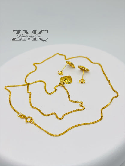 18K Gold Heart Earrings and Necklace Set