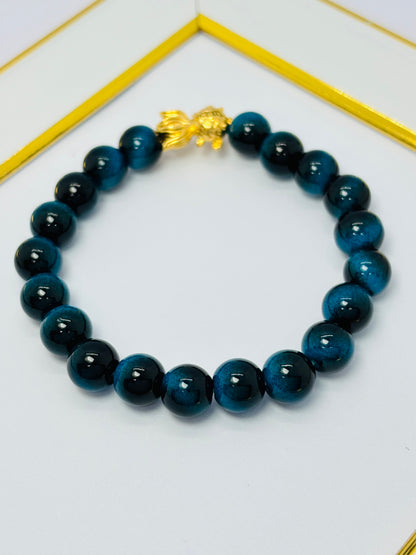 18K Gold Lucky Koi Fish  Blue Tiger Eye Stone  ( Hollow Empty Inside) Medium Size