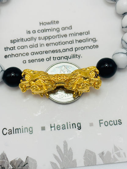 18K Gold Lucky Dragon Bracelet Howlite, Black Obsidian Stone ( Hollow Empty Inside) XXL