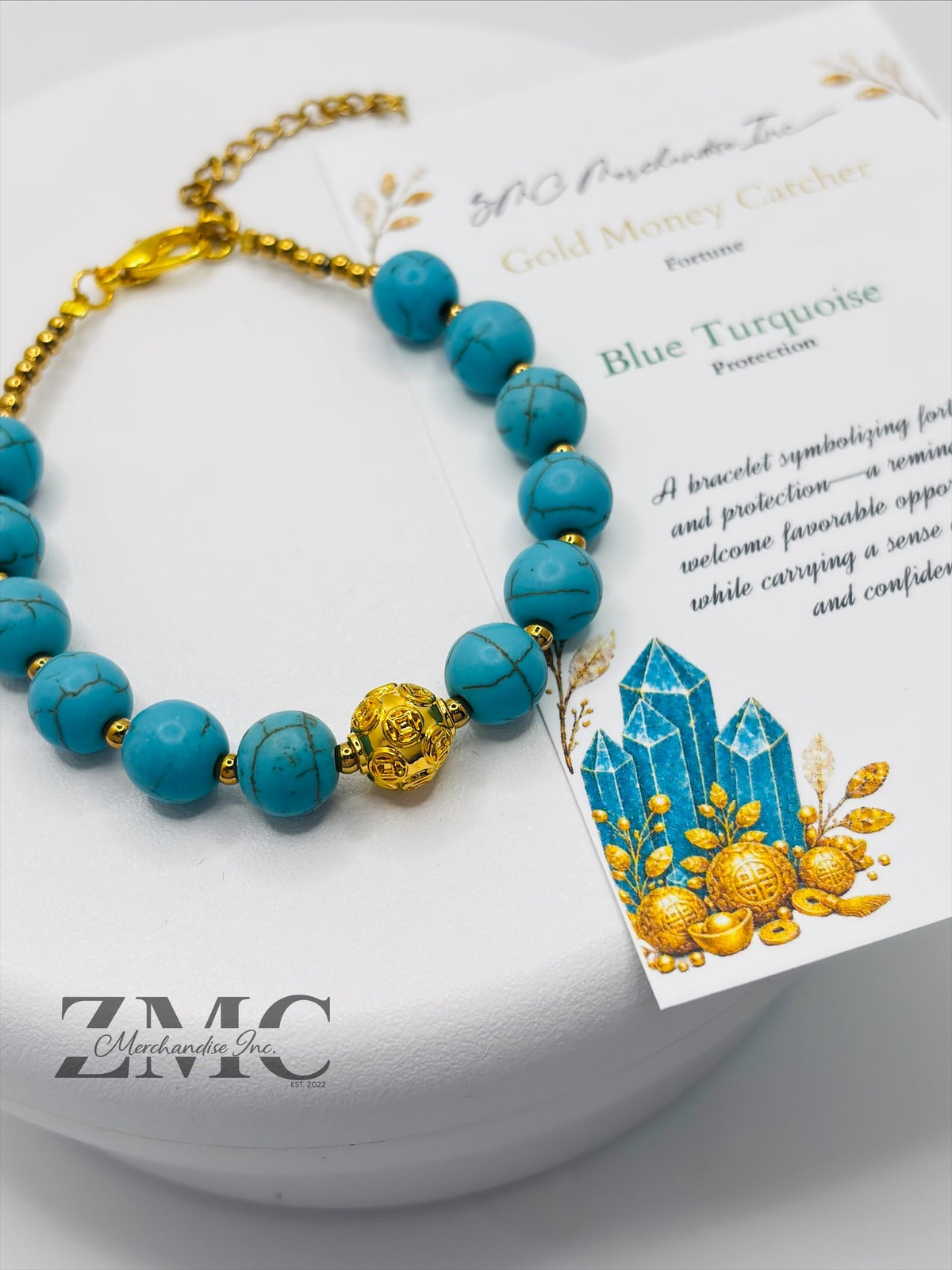 18K Gold  Lucky Money Catcher Ball Blue Turquoise Bracelet  ( Hollow Empty Inside)