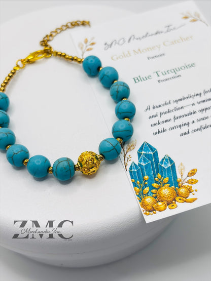 18K Gold  Lucky Money Catcher Ball Blue Turquoise Bracelet  ( Hollow Empty Inside)