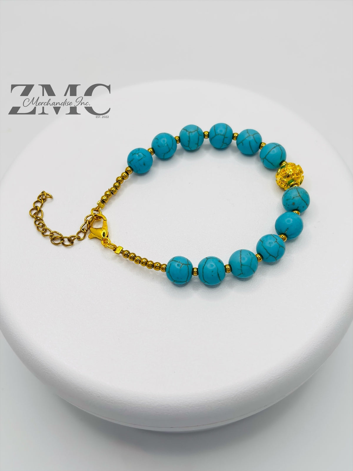 18K Gold  Lucky Money Catcher Ball Blue Turquoise Bracelet  ( Hollow Empty Inside)