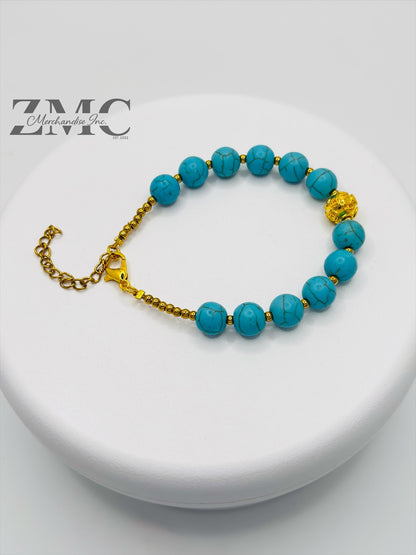 18K Gold  Lucky Money Catcher Ball Blue Turquoise Bracelet  ( Hollow Empty Inside)