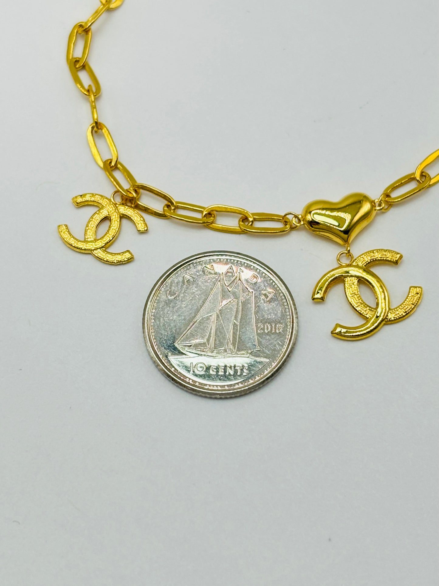 18K Gold Small Link Paperclip with Charm Bracelet