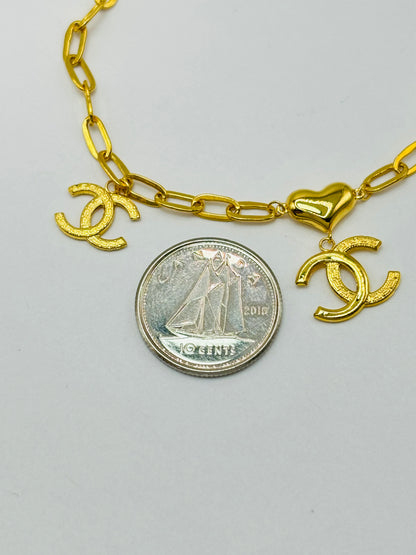 18K Gold Small Link Paperclip with Charm Bracelet