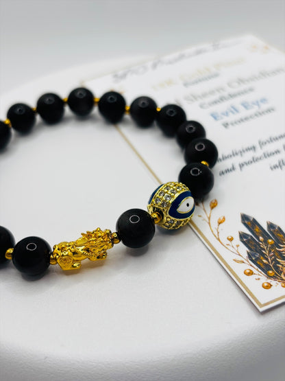 18K Gold Lucky Piyao/ Pi Xiu Gold Sheen Obsidian Evil Eye Bracelet ( Hollow Empty Inside) Small