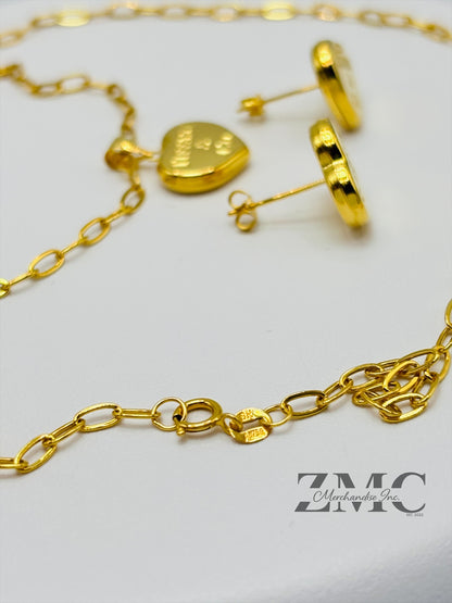 18K Gold Heart Earrings and Paperclip Necklace Set