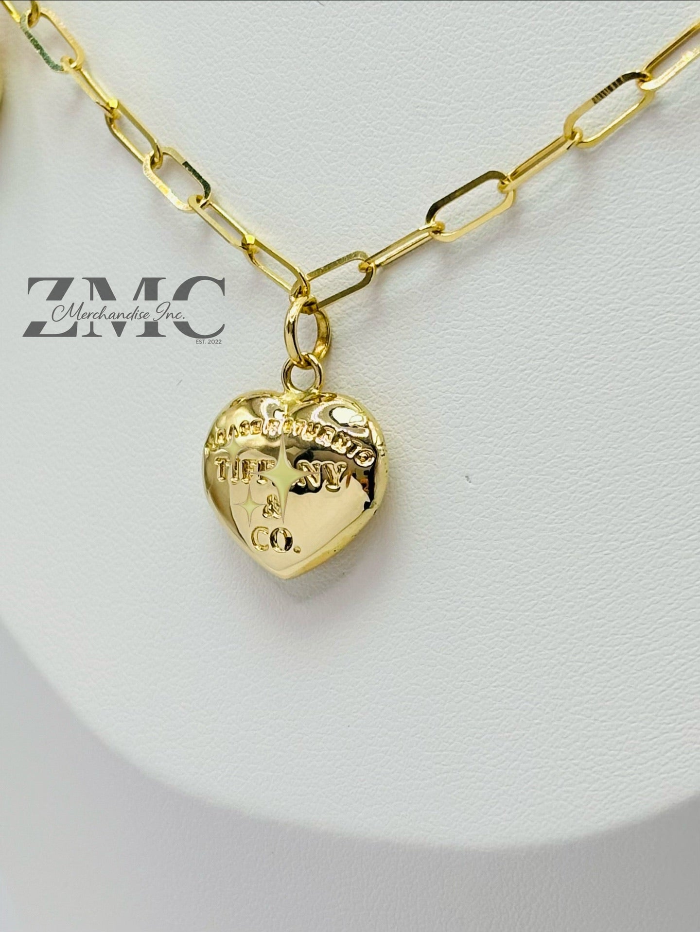 18K Gold Paperclip with Heart and Ball Charm Necklace