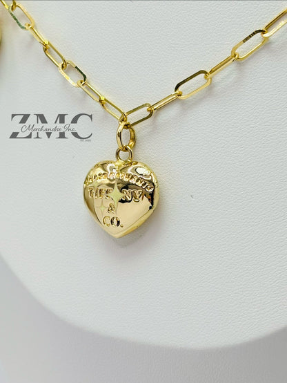18K Gold Paperclip with Heart and Ball Charm Necklace