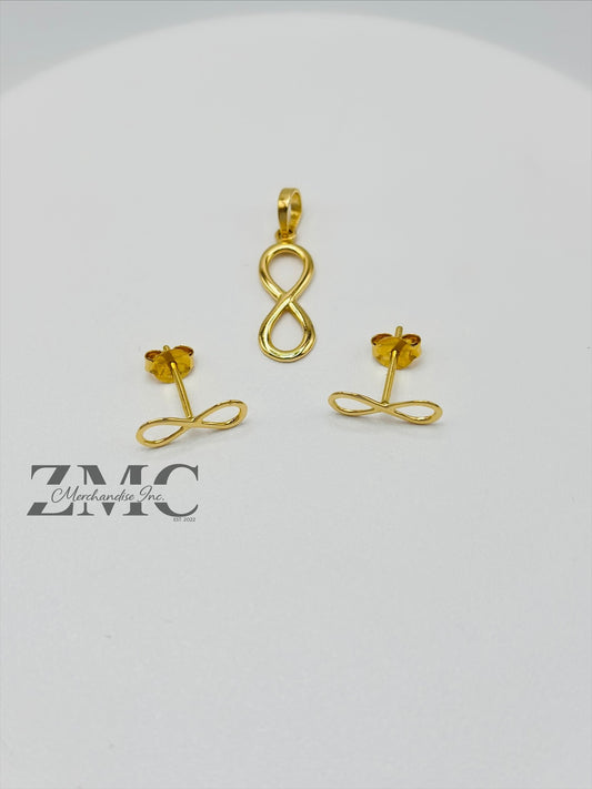 18K Gold Infinity Earrings and Pendant Set