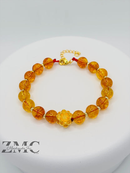 18K Gold Lucky Lotus Flower Bracelet Citrine Stone ( Hollow Empty Inside)