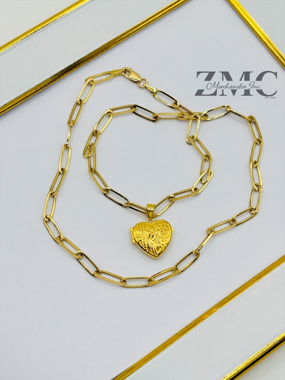 18K Gold Paperclip Heart Locket Necklace
