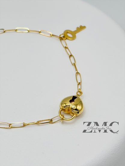 18K Gold Heart and Key Bracelet
