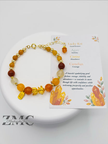 18K Gold Lucky Koi Fish Bracelet Agate, Citrine, Carnelian Stone ( Hollow Empty Inside)