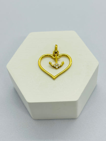 18K Gold Heart and Anchor Pendant