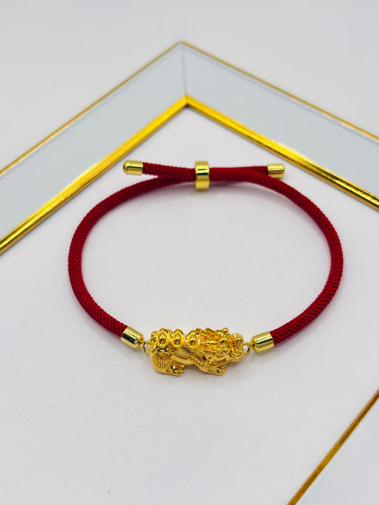 18K Gold Lucky Piyao/ Pi Xiu  Bracelet Red String( Hollow Empty Inside) Extra Large