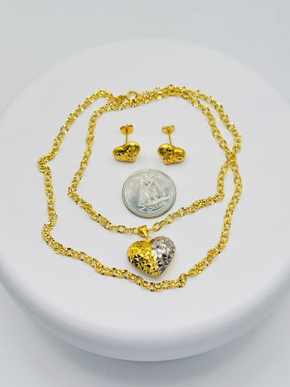 18K Gold Diamon Cut Necklace and Earrings Set