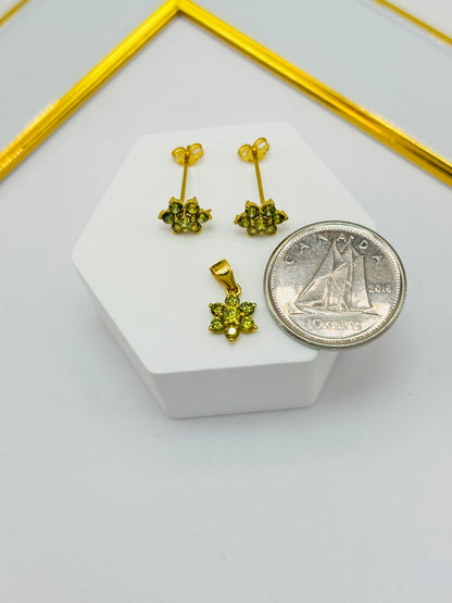 18K Gold Flower Stone Earrings and Pendant Set (Green)