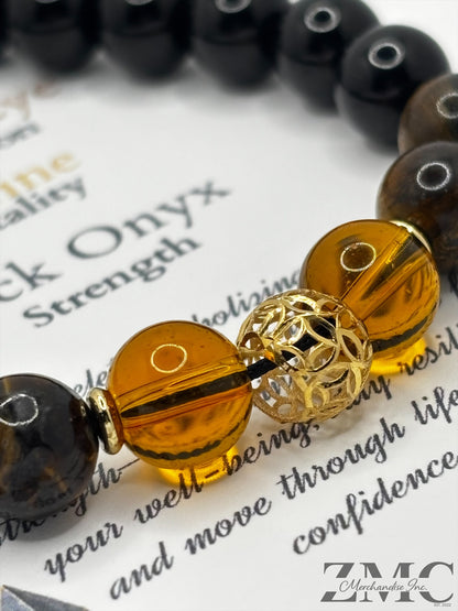 18K Gold  Lucky Money Catcher Ball Citrine, Tiger Eye, Onyx Bracelet  ( Hollow Empty Inside)