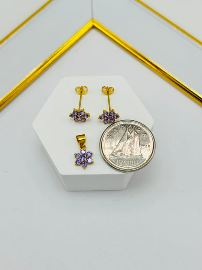 18K Gold Flower Stone Earrings and Pendant Set (Purple)