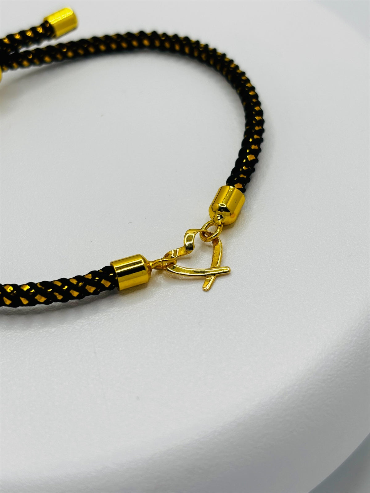 18K Gold Open Heart Small Gold/Black String Bracelet