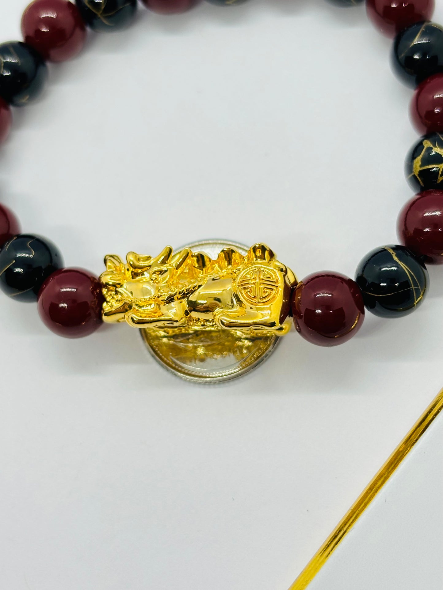 18K Gold  Lucky Piyao/ Pi Xiu Bracelet Red & Black ( Hollow Empty Inside) Extra Large Size