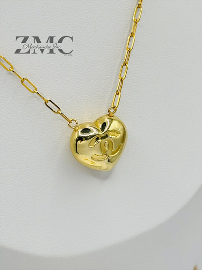 18K Gold Paperclip C Heart Earrings and Necklace Set