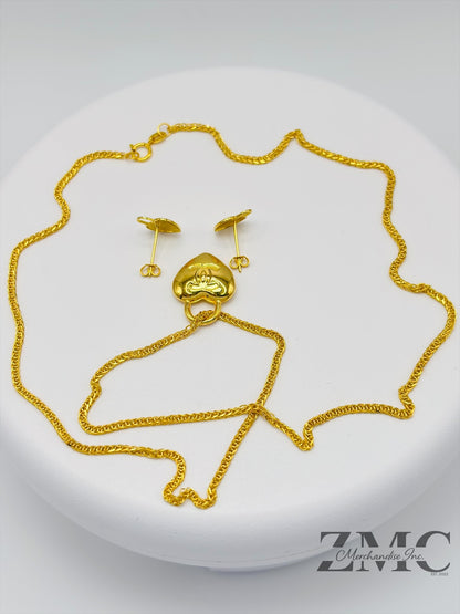 18K Gold C Heart Earrings and Necklace Set