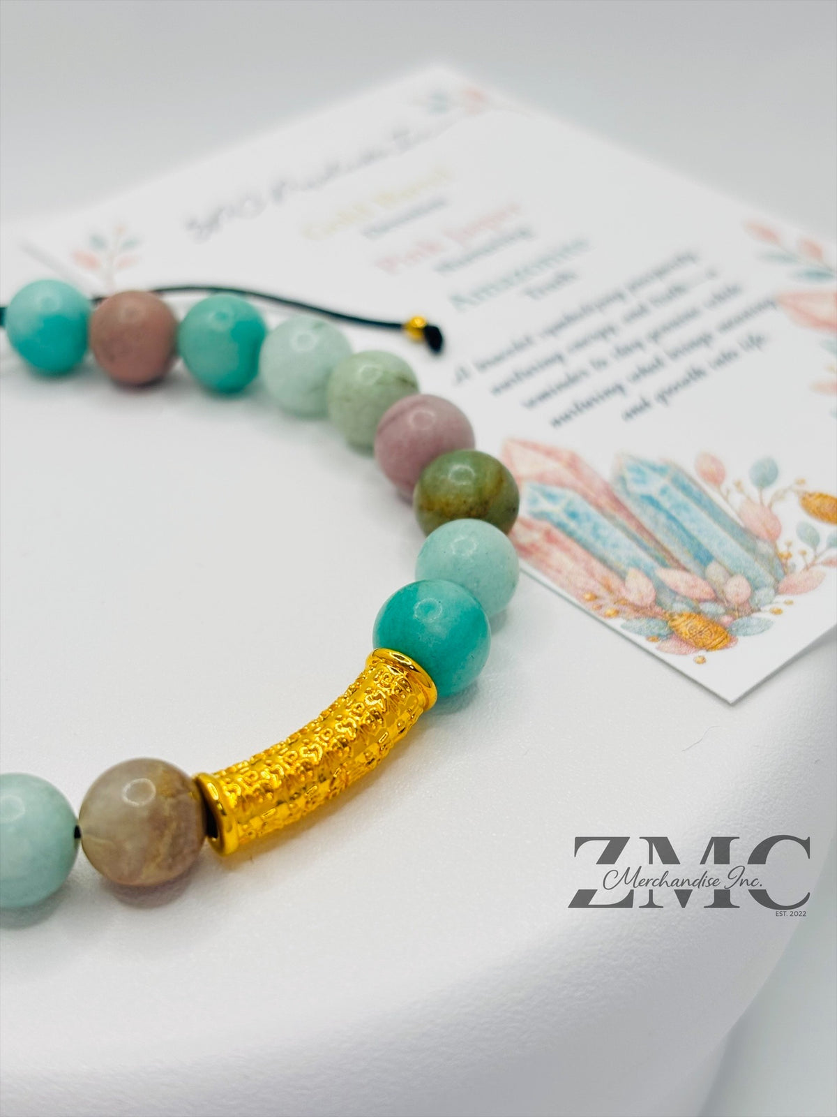 18K Gold  Lucky Baifu Tube Pink Jasper, Amazonite Bracelet  ( Hollow Empty Inside)