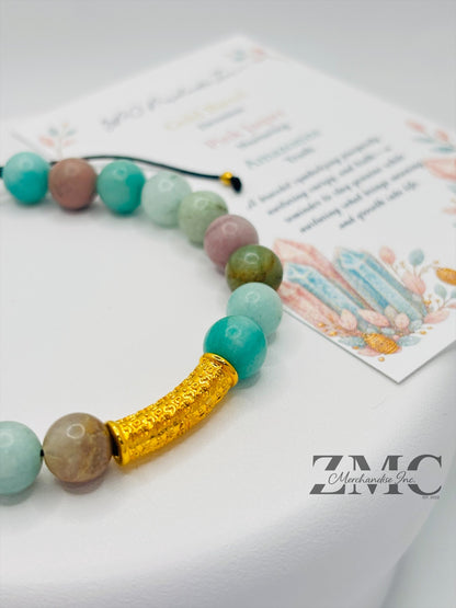 18K Gold  Lucky Baifu Tube Pink Jasper, Amazonite Bracelet  ( Hollow Empty Inside)