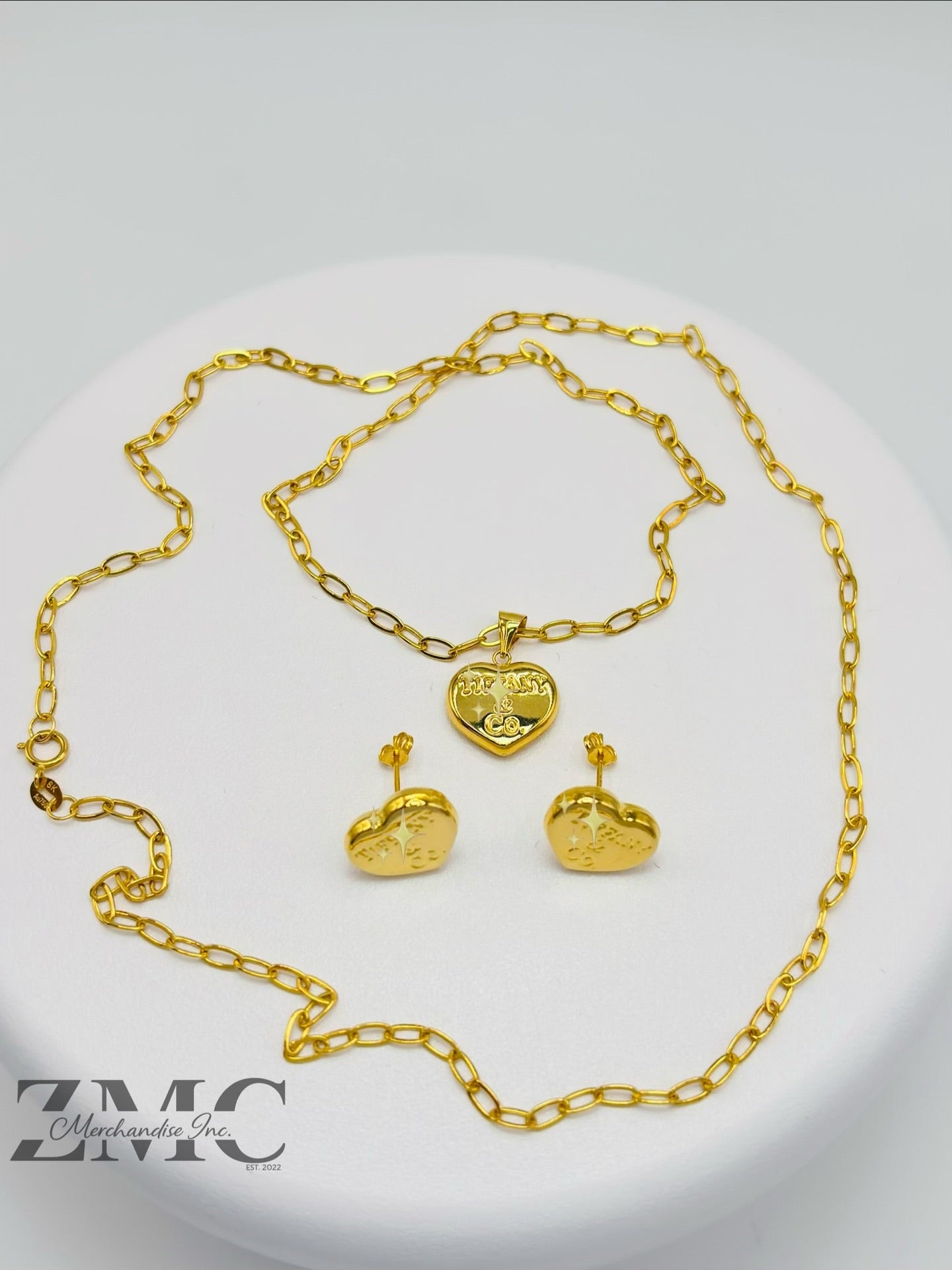 18K Gold Heart Earrings and Paperclip Necklace Set