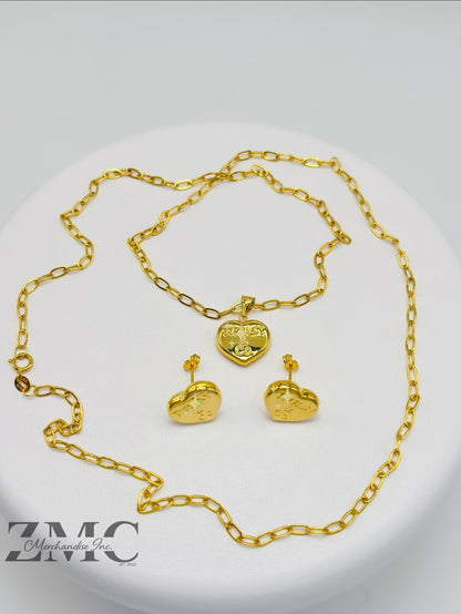 18K Gold Heart Earrings and Paperclip Necklace Set