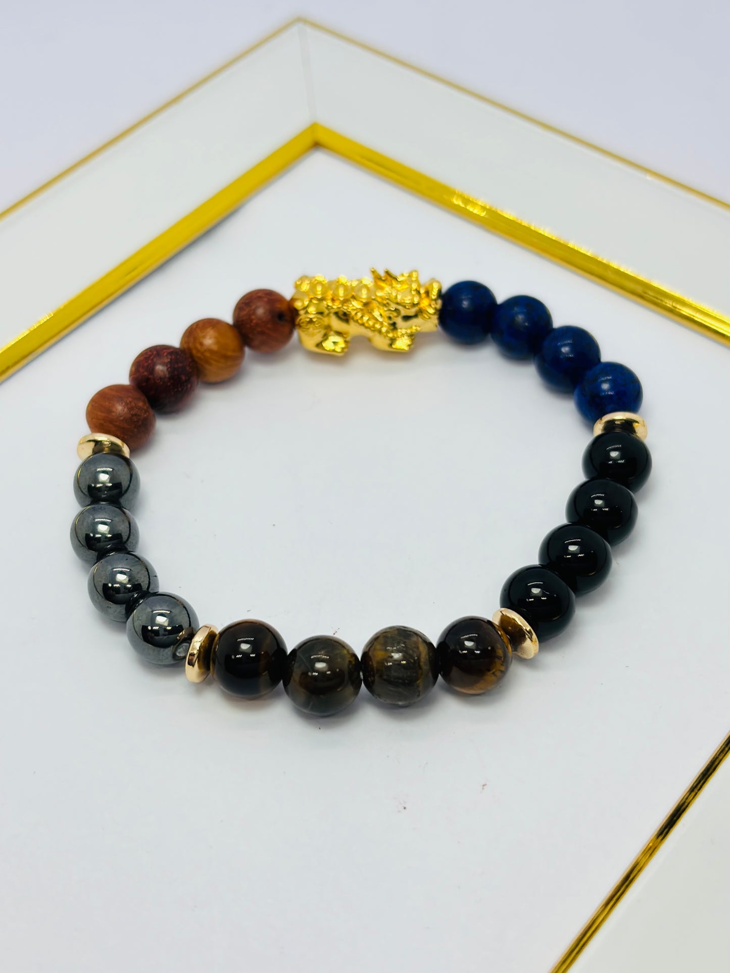 18K Gold  Lucky Piyao/ Pi Xiu Tiger Eye, Lapis Lazuli, Black Obsidian, Woods  ( Hollow Empty Inside) Large Size