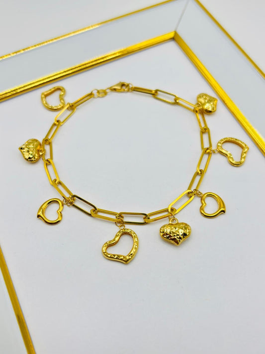 18K Gold Paperclip Bracelet with Hearts Charm