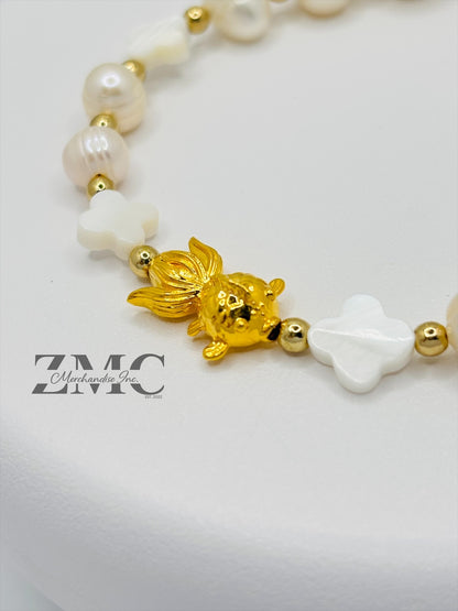 18K Gold Lucky Koi Fish Bracelet Fresh Water Pearl Stone ( Hollow Empty Inside)