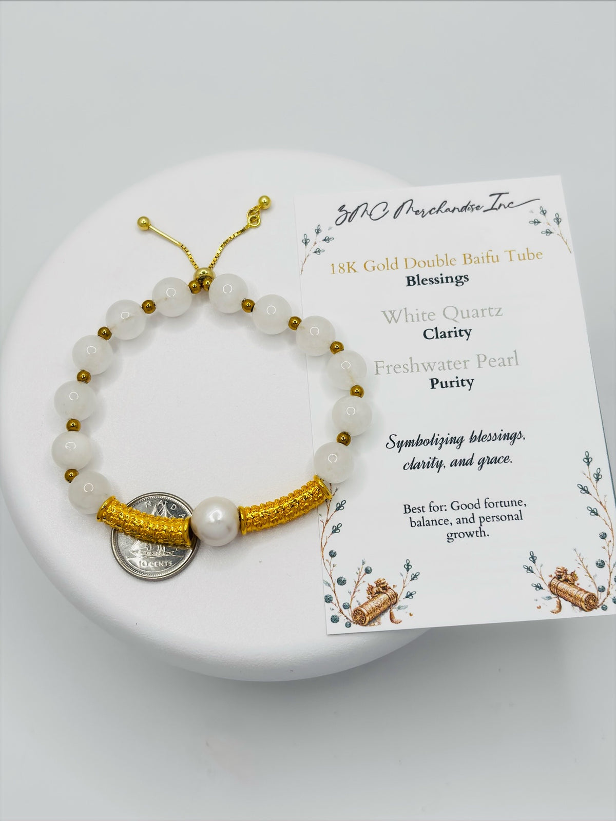 18K Gold Double Lucky Baifu Tube Pearl White Quartz Bracelet  ( Hollow Empty Inside)