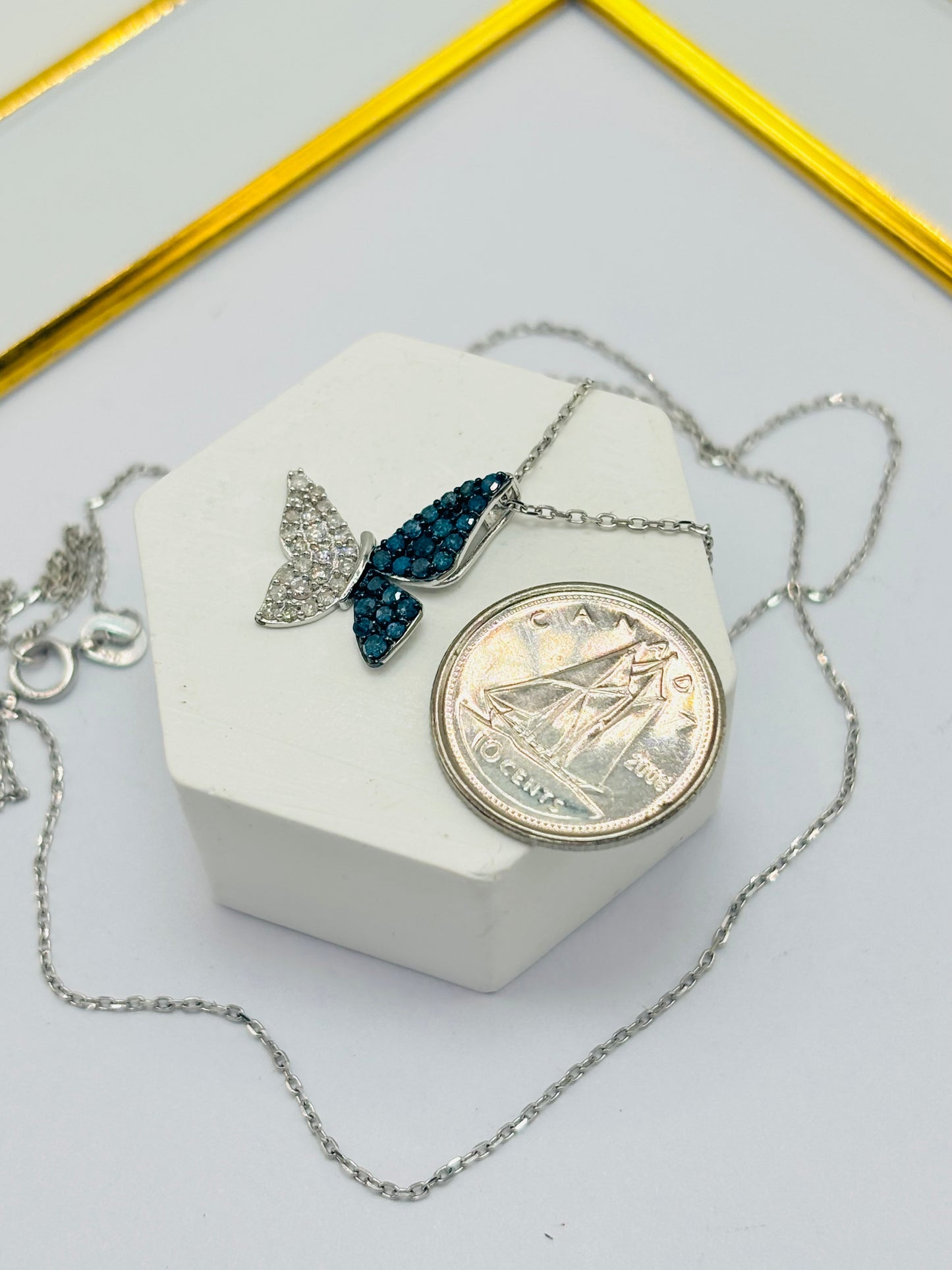 K18 White Gold Butterfly 0.50ct Natural Blue/White Diamonds Necklace