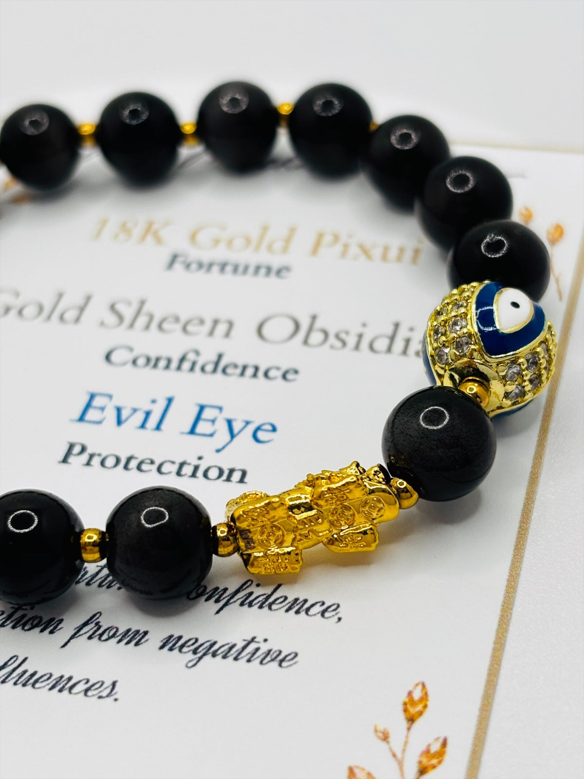 18K Gold Lucky Piyao/ Pi Xiu Gold Sheen Obsidian Evil Eye Bracelet ( Hollow Empty Inside) Small