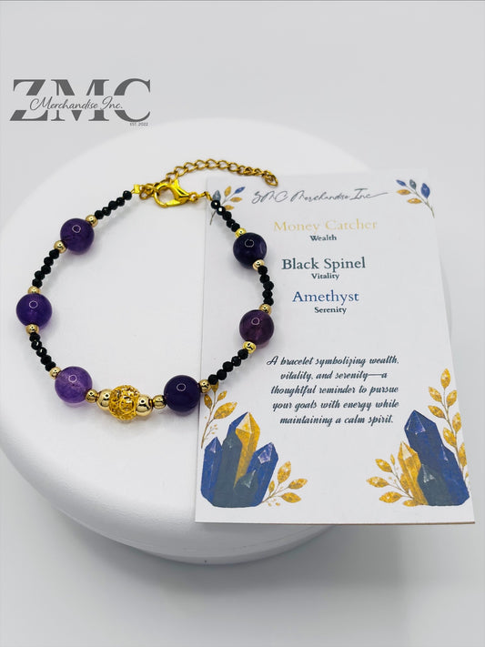 18K Gold  Lucky Money Catcher Ball Amethyst Black Spinel Bracelet  ( Hollow Empty Inside)