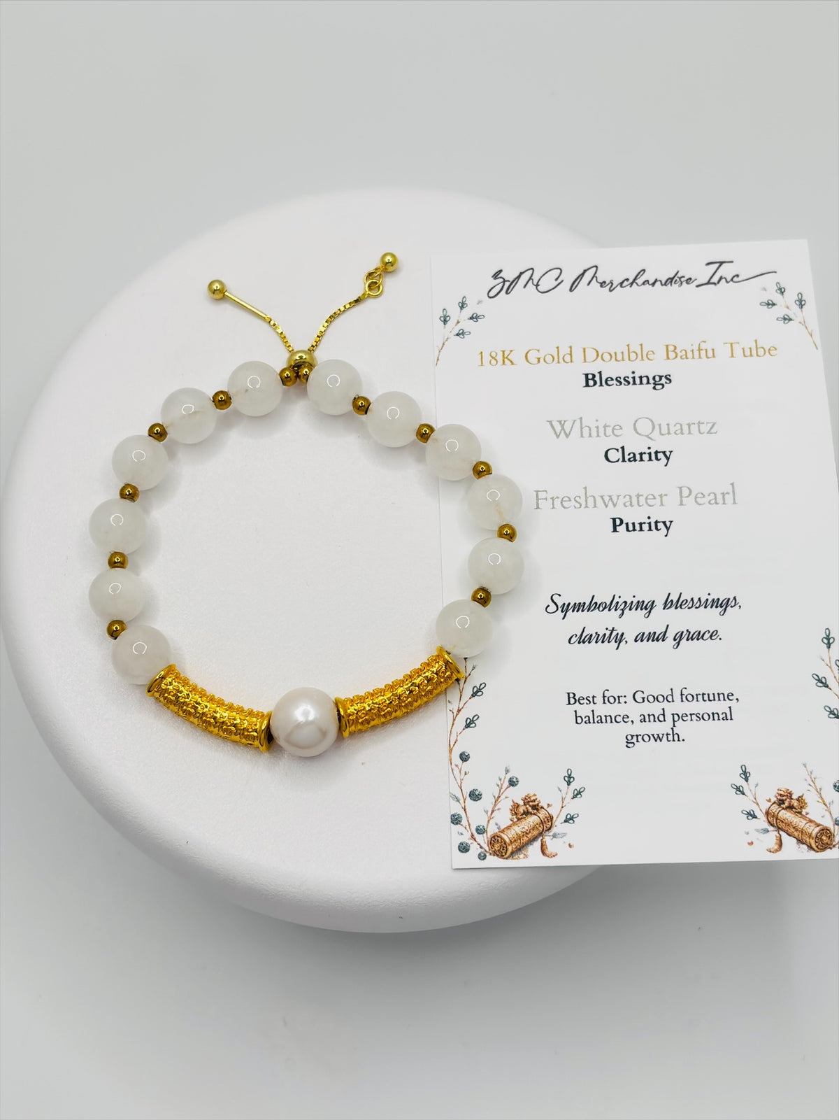 18K Gold Double Lucky Baifu Tube Pearl White Quartz Bracelet  ( Hollow Empty Inside)