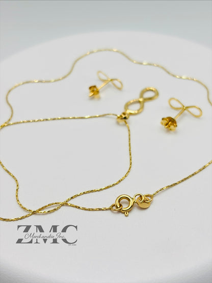 18K Gold Infinity Earrings and Necklace Set
