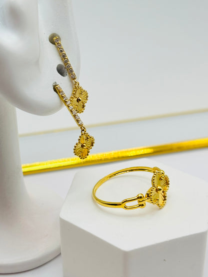 18K Gold Clover Dangling Earrings and Ring Set