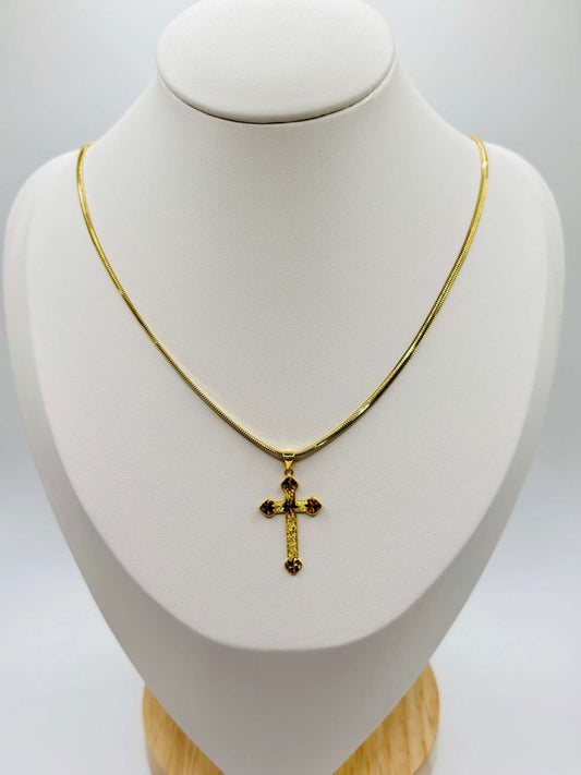 18K Gold Herringbone Necklace with Cross Pendant