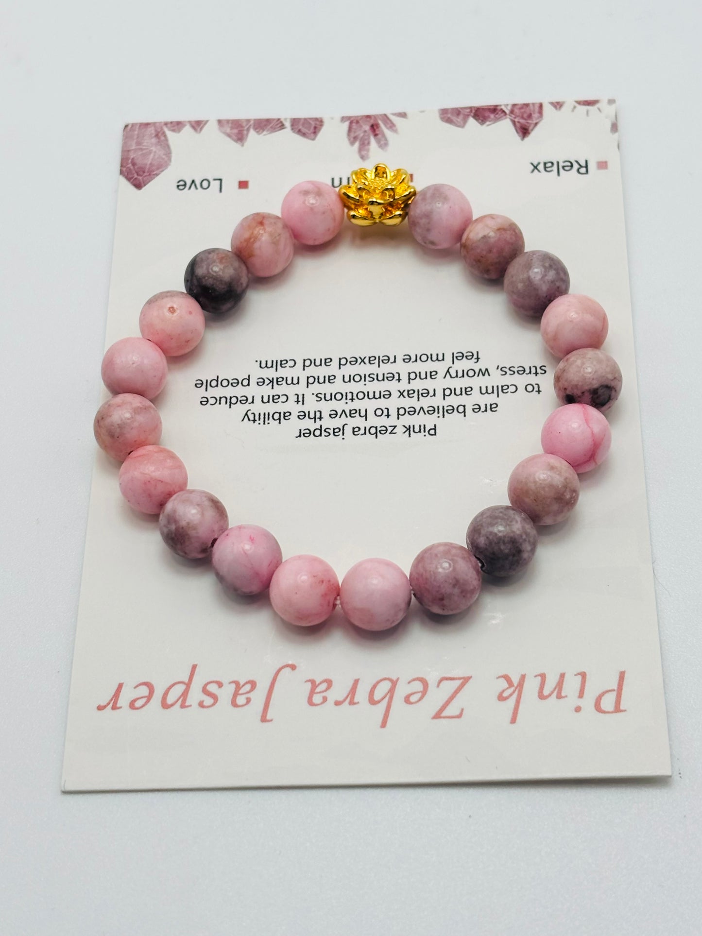18K Gold Lucky Lotus Flower Bracelet Pink Zebra Jasper Stone ( Hollow Empty Inside)