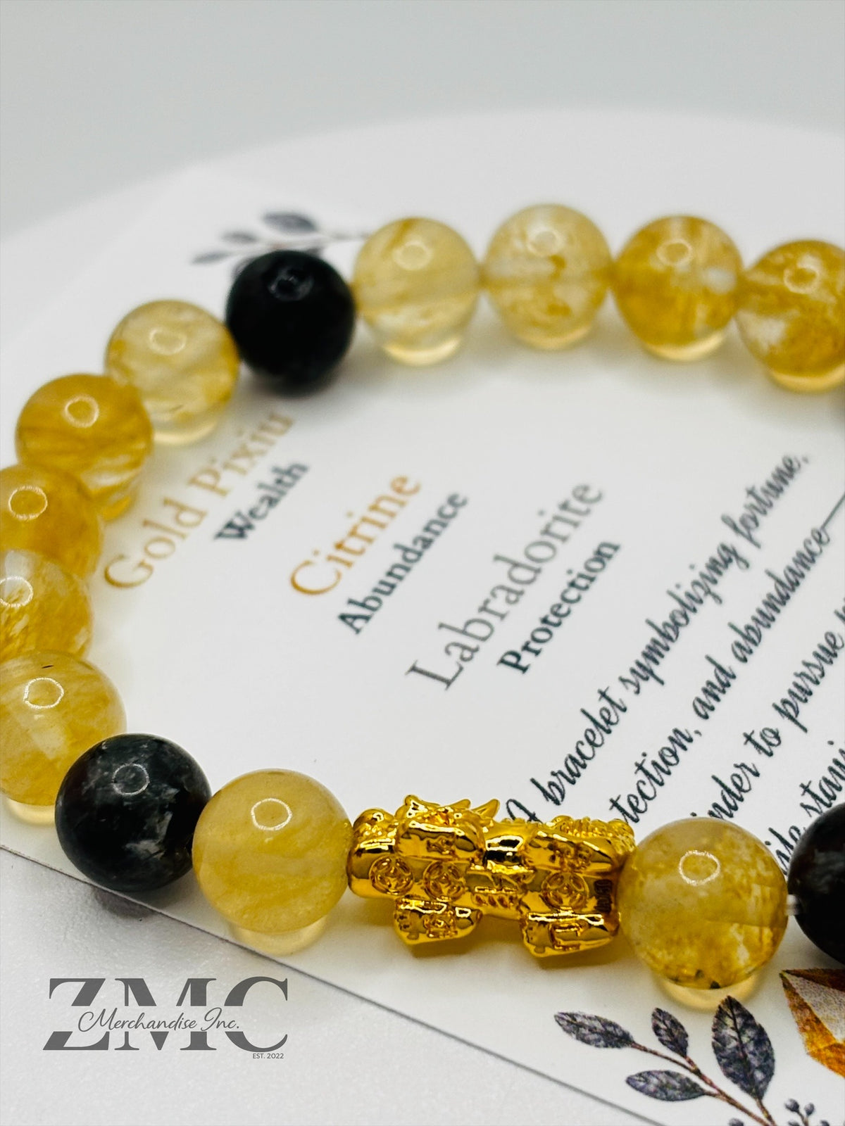 18K Gold Lucky Piyao/ Pi Xiu Citrine Labradorite Bracelet ( Hollow Empty Inside) Medium