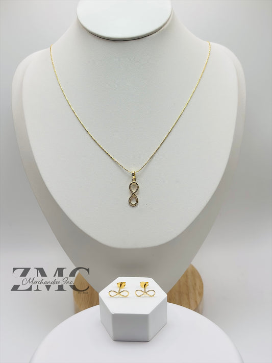 18K Gold Infinity Earrings and Necklace Set