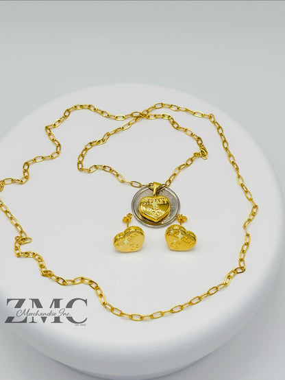 18K Gold Heart Earrings and Paperclip Necklace Set