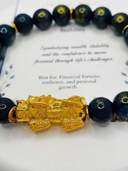 18K Gold Lucky Piyao/ Pi Xiu Dark Blue/Gold Jasper Bracelet( Hollow Empty Inside) XXL PIYAO